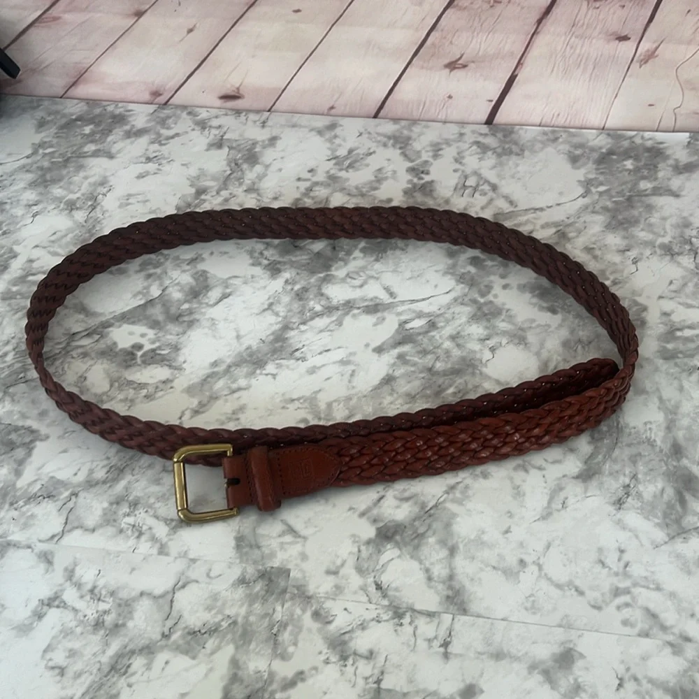 RLL BRAIDED BROWN SOLID BRASS BUCKLE BELT SIZE 42 UNISEX